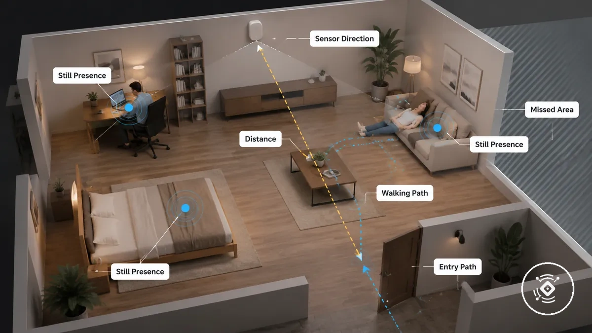Diagrama de ambiente mostrando pontos de presença parada e caminhos de movimento para posicionamento do sensor mmWave