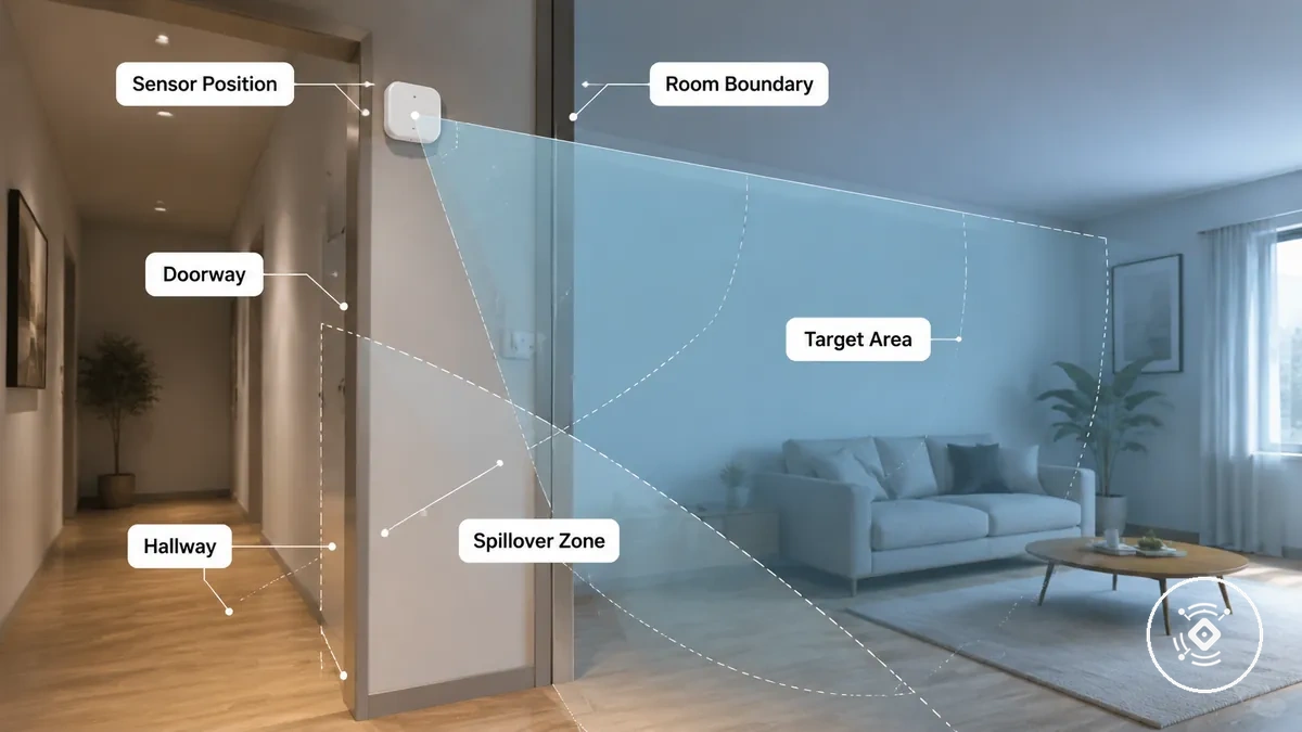 Diagrama mostrando portas, corredores e limites de ambientes adjacentes para posicionamento do sensor mmWave