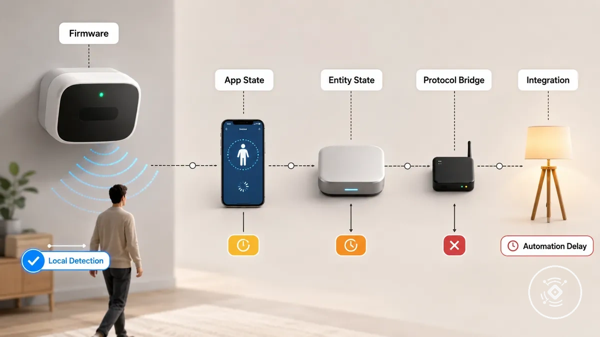 Diagrama de problemas de relatório de firmware, aplicativo e integração do sensor de presença mmWave