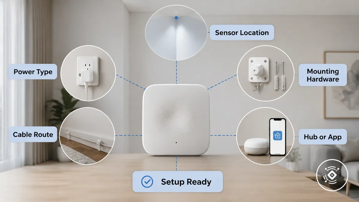 Lista de verificação mostrando um sensor de presença, fonte de alimentação, rota do cabo, suporte de montagem e hub ou aplicativo de casa inteligente