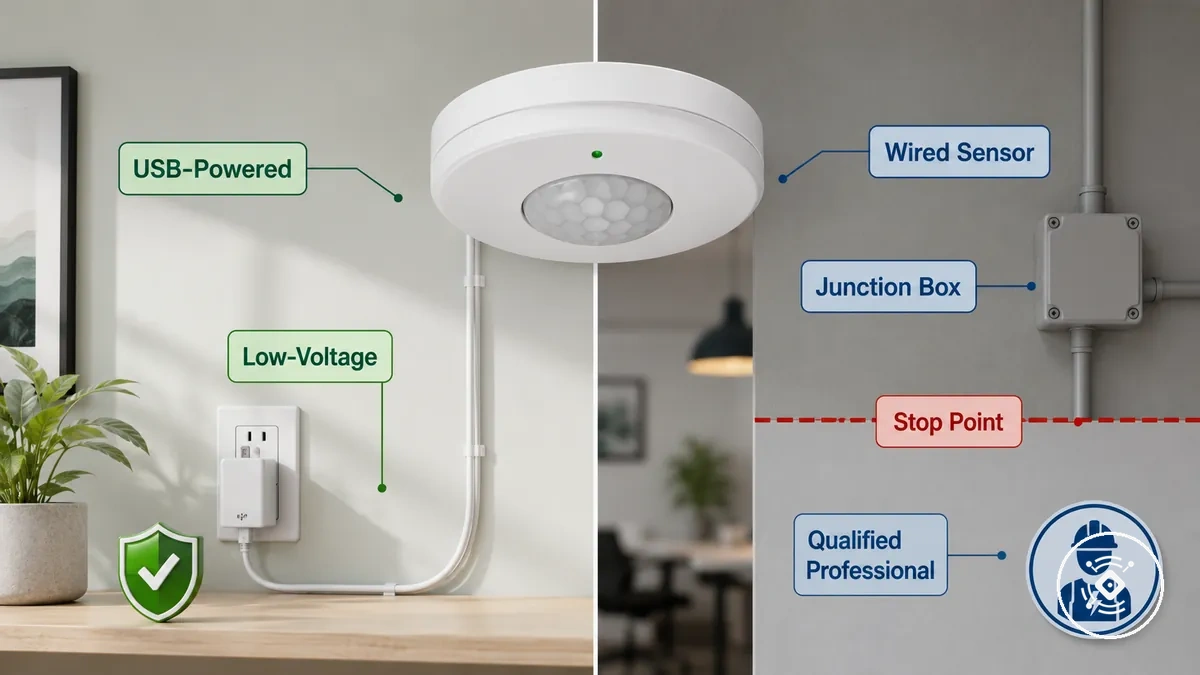 Comparação entre instalação de sensor de baixa tensão com plugue e instalação com fio adjacente à rede elétrica e responsabilidade de instalação