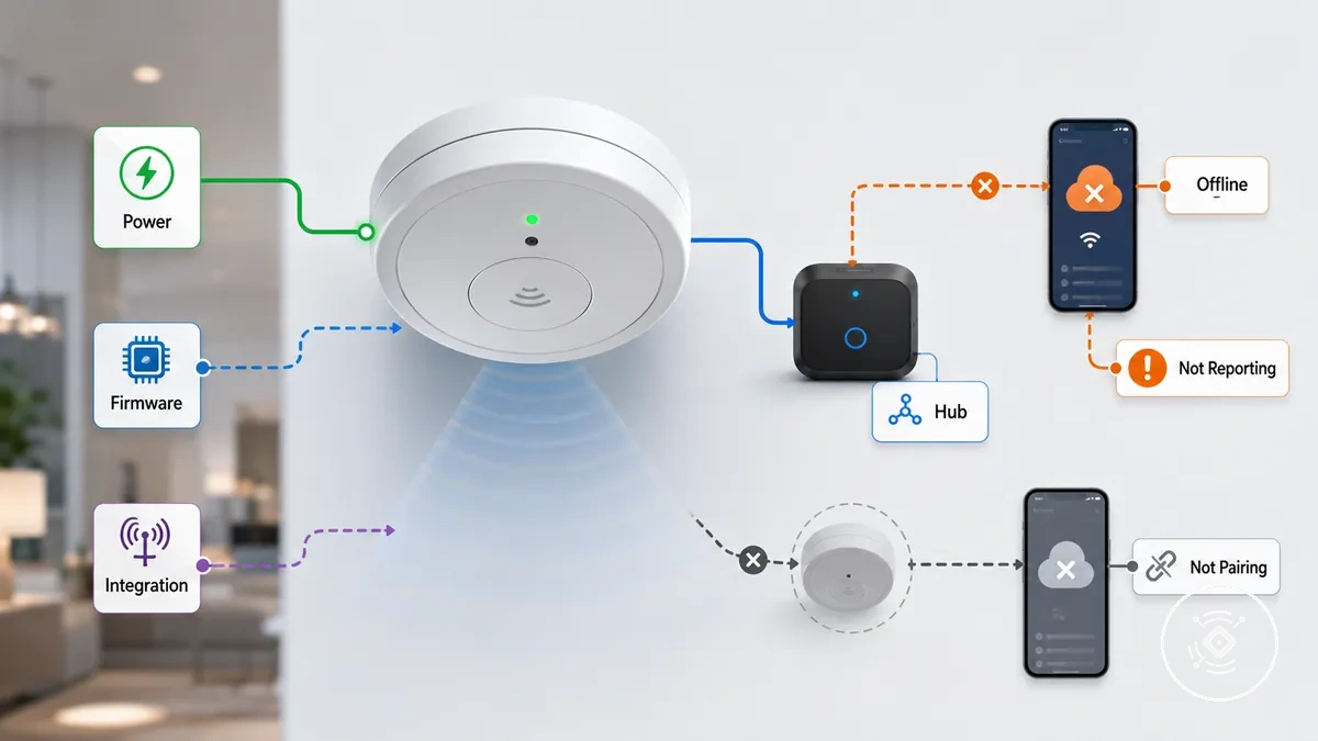 Diagrama de diagnóstico do sensor de presença mmWave offline, sem relatório e sem pareamento