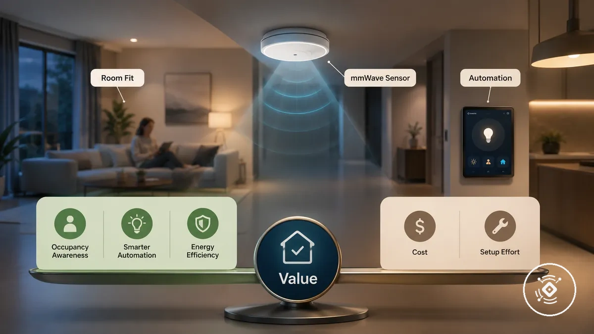 Diagrama de critérios de valor do sensor de presença mmWave mostrando custo, benefício, esforço de configuração e fatores de adequação ao ambiente