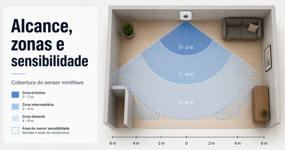 Diagrama de cobertura de um sensor de presença mmWave com alcance, zonas e áreas de sensibilidade