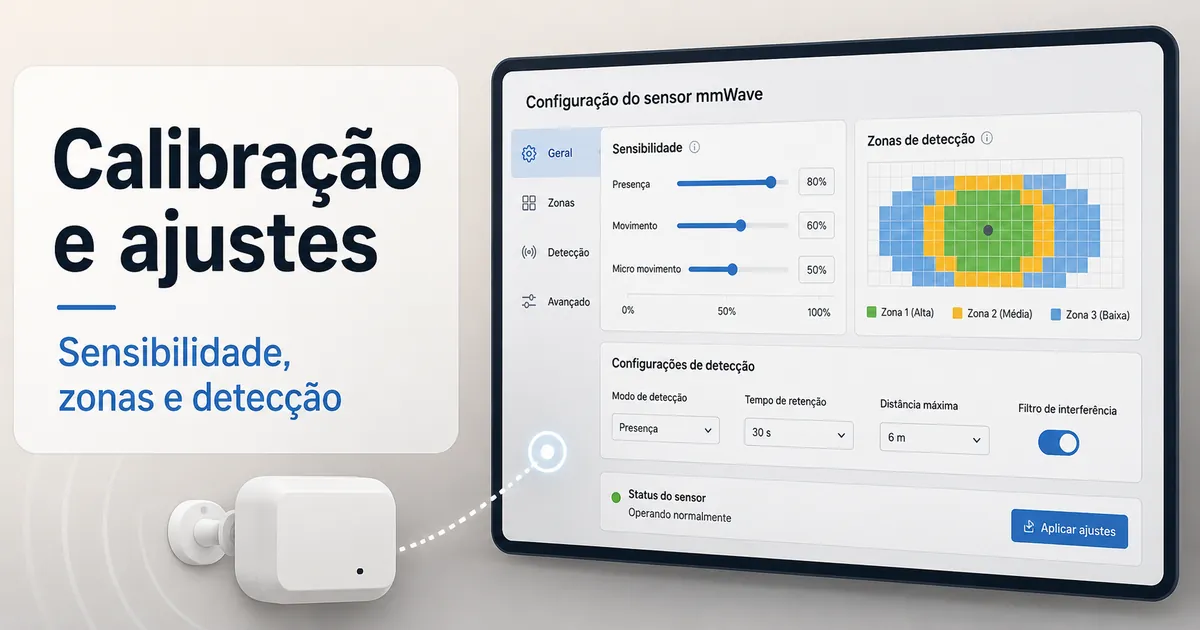 Tela de calibração de um sensor de presença mmWave com ajustes de sensibilidade, zonas e detecção