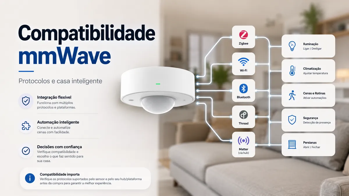 Sensor de presença mmWave conectado a ícones de protocolos de casa inteligente e controles de automação