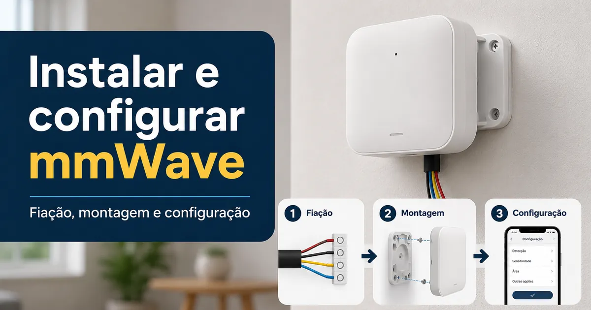 Vista de instalação de um sensor de presença mmWave com fiação, montagem e etapas de configuração