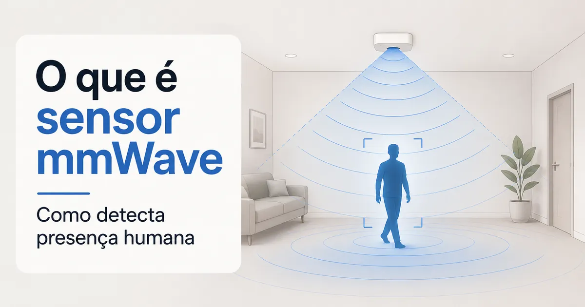 Diagrama de um sensor de presença mmWave mostrando detecção humana por radar em um cômodo