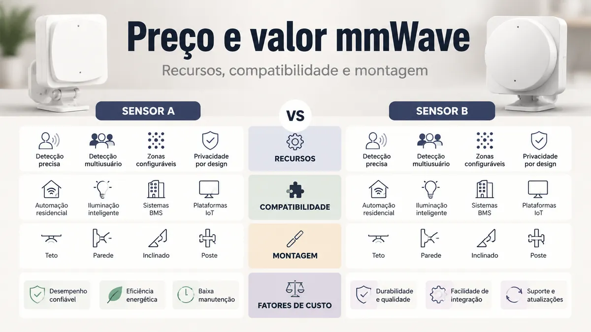 Comparação de valor de um sensor de presença mmWave com recursos, compatibilidade, tipo de montagem e fatores de custo