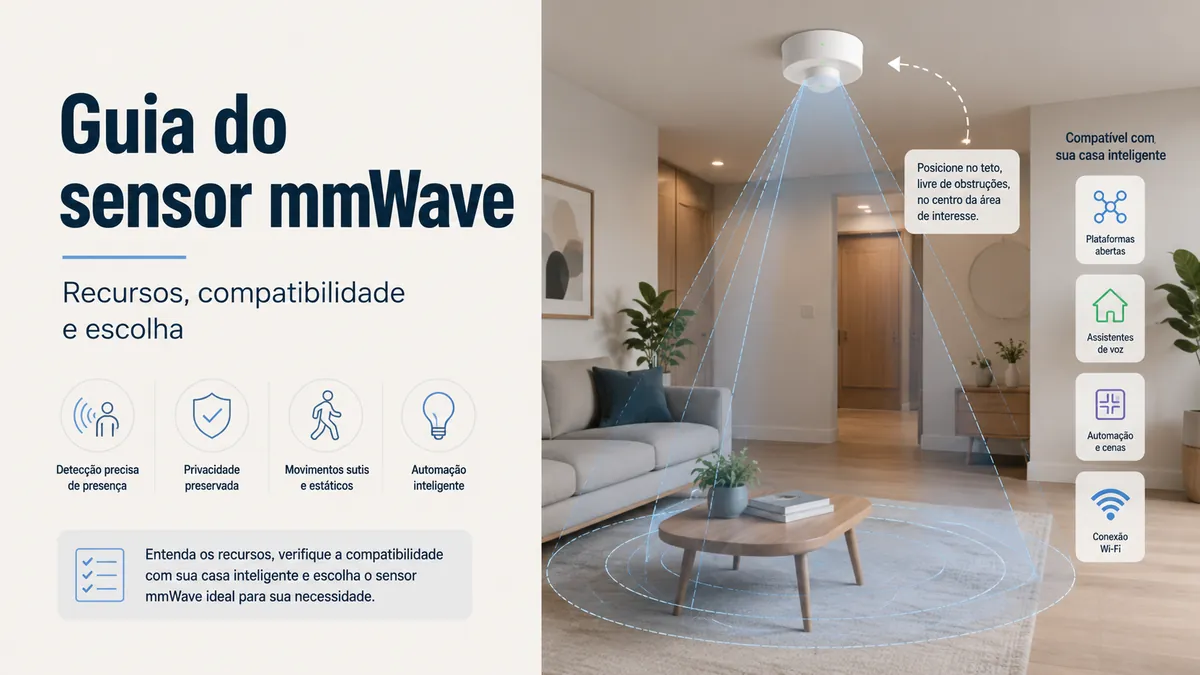Sensor de presença mmWave com zonas de detecção, compatibilidade com casa inteligente e referências de posicionamento no ambiente