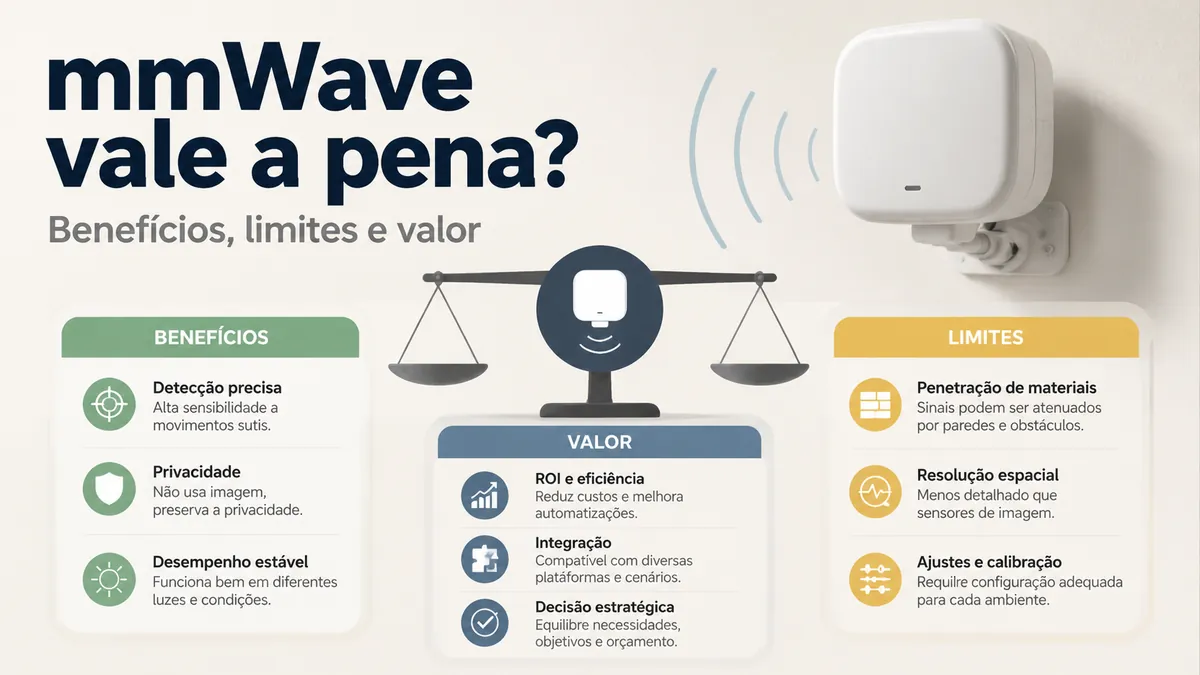 Gráfico de decisão comparando benefícios, limites e valor de um sensor de presença mmWave