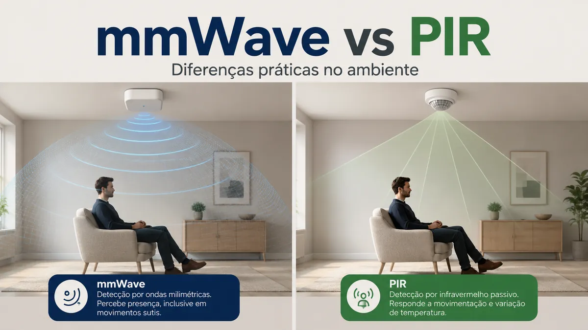 Comparação lado a lado entre um sensor de presença mmWave e um sensor PIR para detectar ocupação em um cômodo
