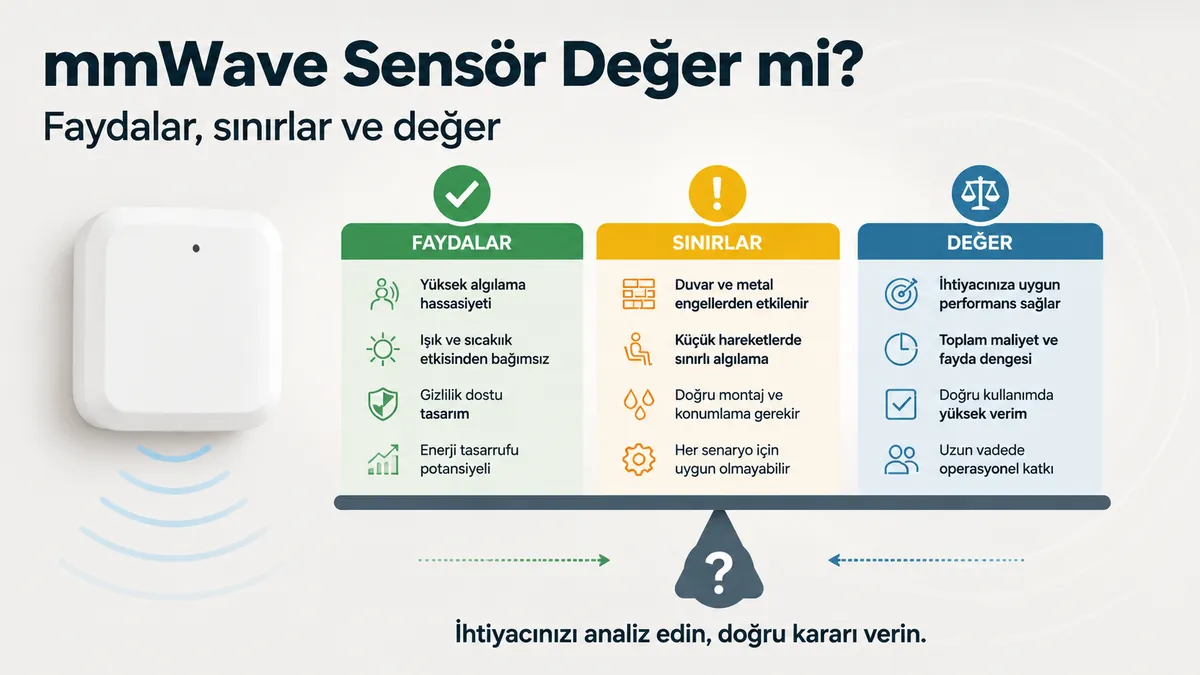 mmWave varlık sensörünün faydalarını, sınırlarını ve değerini karşılaştıran karar grafiği