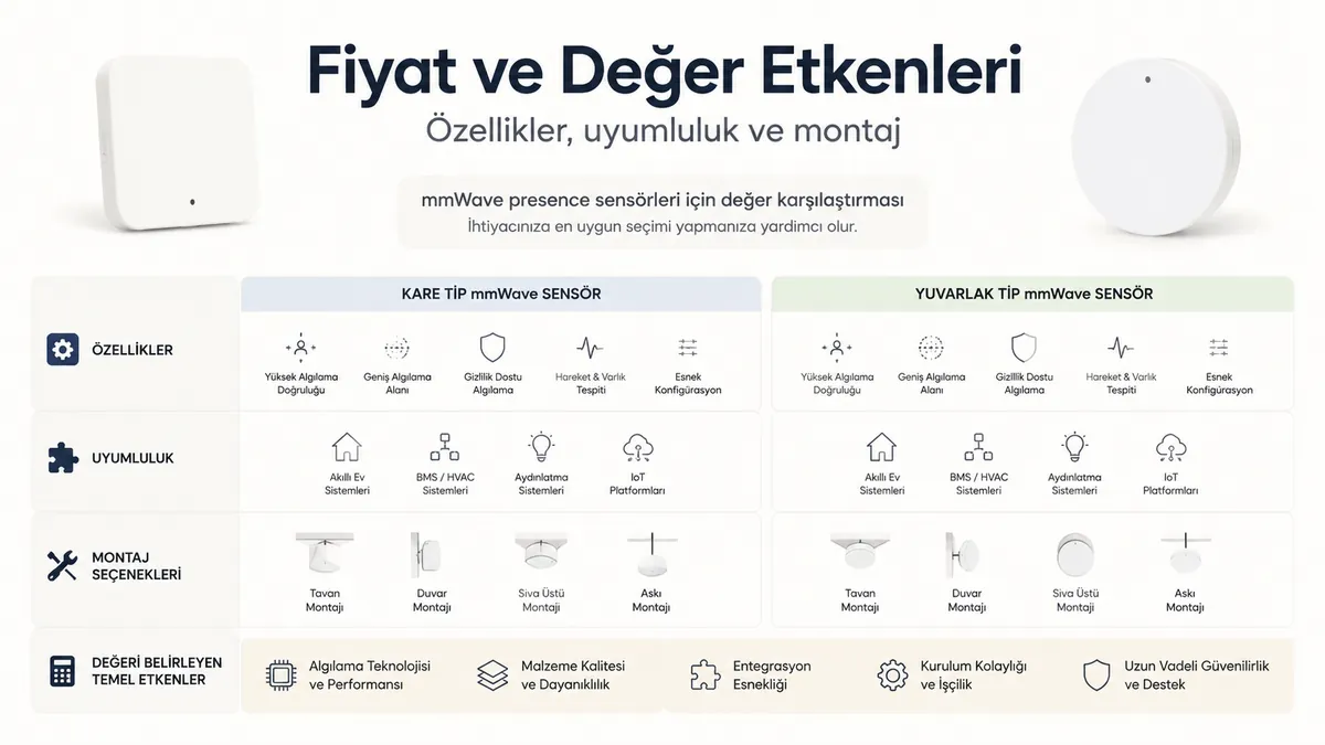 Özellikler, uyumluluk, montaj türü ve maliyet etkenleriyle mmWave varlık sensörü değer karşılaştırması