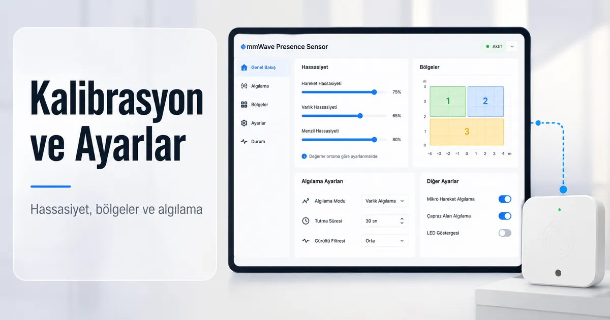 Hassasiyet, bölgeler ve algılama ayarlarını gösteren mmWave varlık sensörü kalibrasyon ekranı