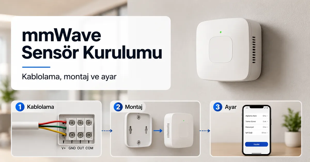 Kablolama, montaj ve ayar adımlarıyla mmWave varlık sensörü kurulum görünümü