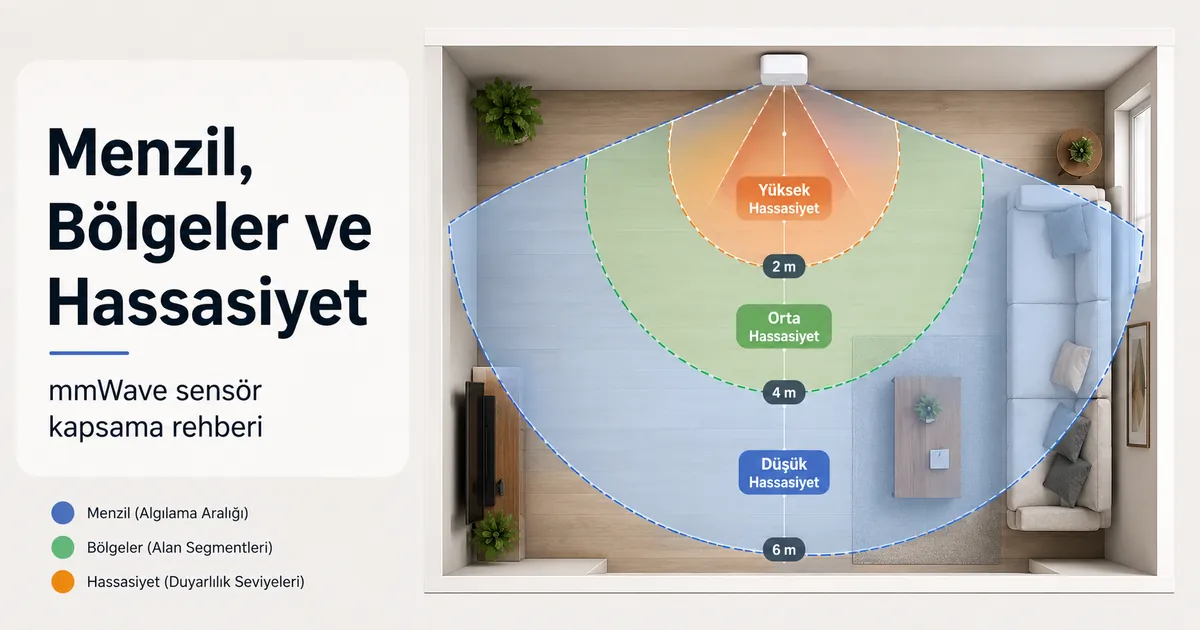 Algılama menzili, bölgeler ve hassasiyet alanlarını gösteren mmWave varlık sensörü kapsama diyagramı