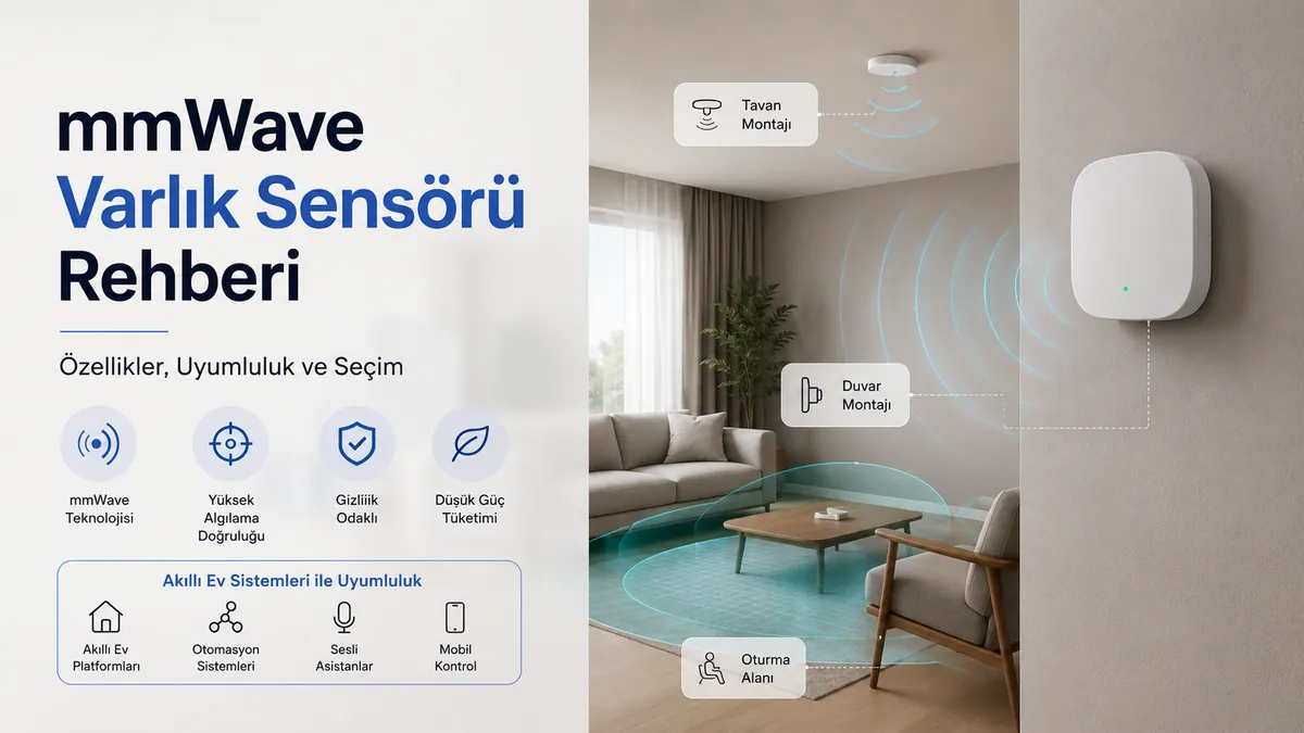 Algılama bölgeleri, akıllı ev uyumluluğu ve oda yerleşimi ipuçlarıyla gösterilen mmWave varlık sensörü