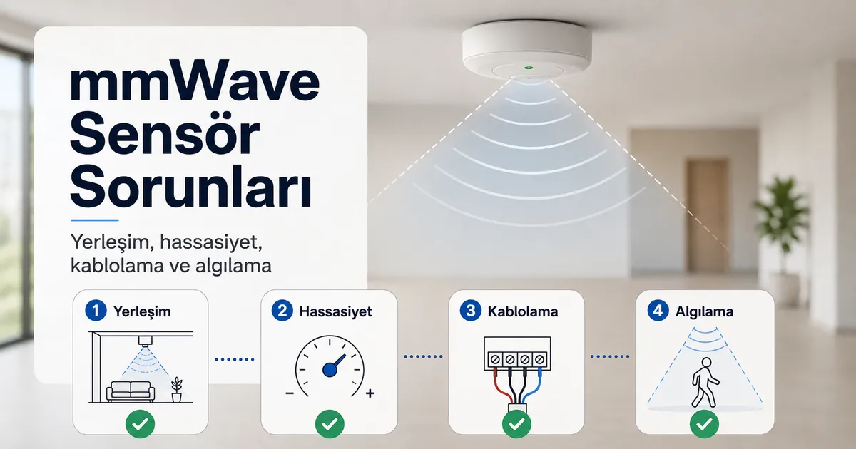 Yerleşim, hassasiyet, kablolama ve algılama kontrolleriyle mmWave varlık sensörü sorun giderme diyagramı