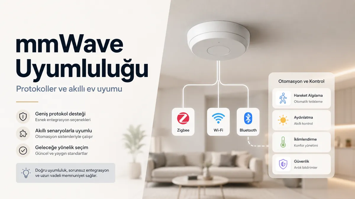 Akıllı ev protokol simgelerine ve otomasyon kontrollerine bağlı mmWave varlık sensörü